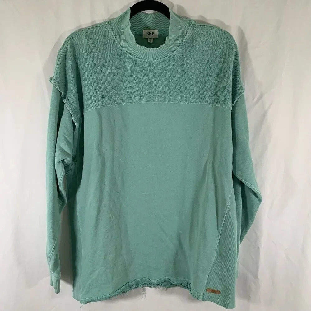 BKE Sweater Women's XS Green Mock Neck Long Sleeve Rolled Hem 100% Cotton